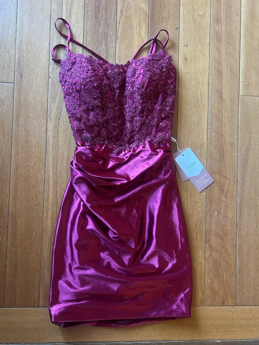 NWT Stacees Beaded Lace Satin Mini Dress in burgundy